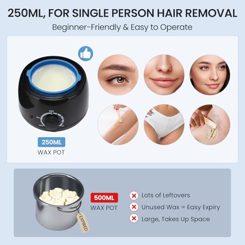 Waxing Kit for Women, Hard Hot Wax Kit for Hair Removal, At Home Waxing Kit for Bikini & Underarms & More, Sensitive Skin, Precise Temp Control, 250ml Compact Single Person Use