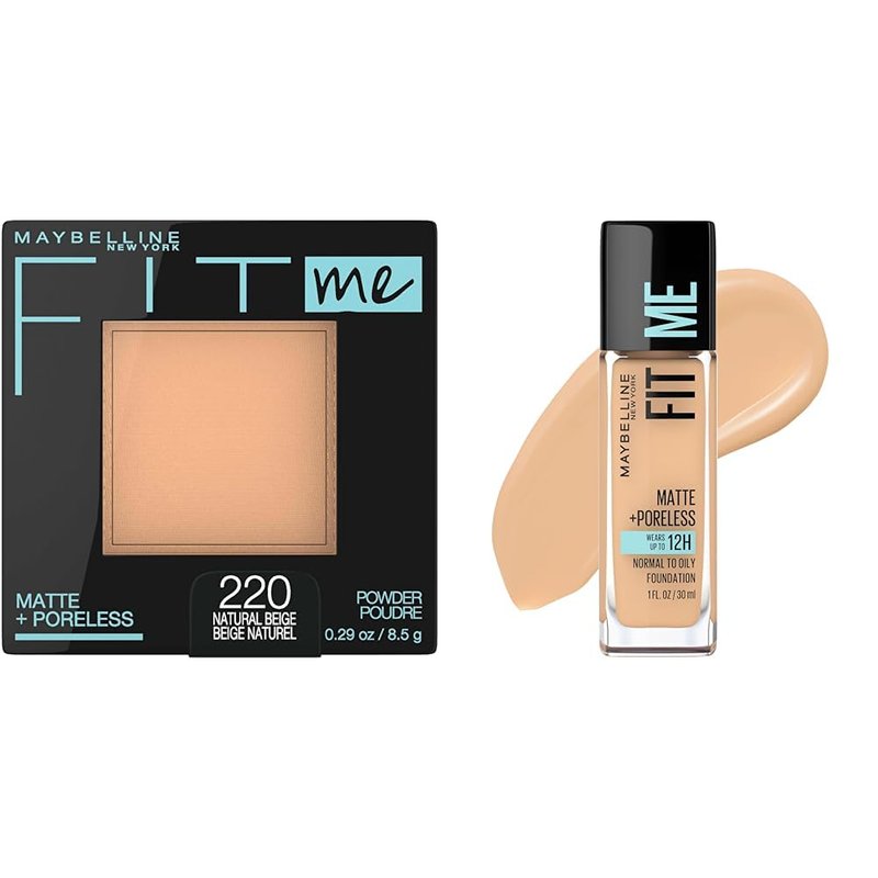 Maybelline Fit Me Matte + Poreless Pressed Powder, Liquid Foundation, Natural Beige, 1 Count Each