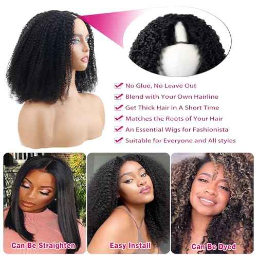 V Part Wigs Human Hair For Women 200% Density Upgrade Afro Kinky Curly V Part Wigs Human Hair Beginner Friendly No Glue V Part Wigs With Drawstring Natural Color(12 Inch)