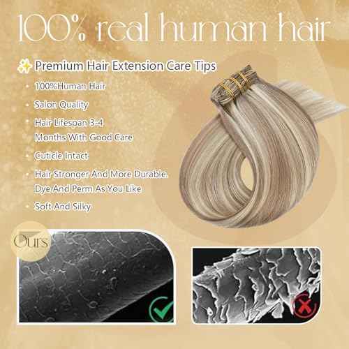 Blonde Highlights Human Hair Extensions Clip Ins 20 Inches Light Brown Mixed Bleach Blonde100g Hair Clip in Extensions Real Human Hair Straight Silky #8/22/8 7pcs
