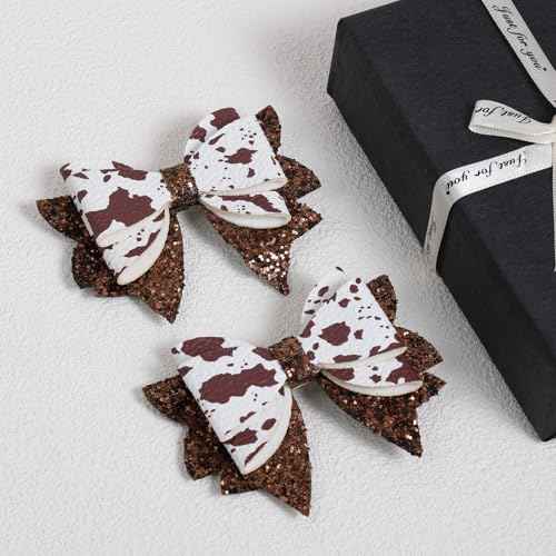 2 Pack 3.5-Inch Glitter Sparkly Brown Cow Hair Bow Clips for Western Cowgirls Cute Moo Cow Alligator Hairpins Barrettes Toddler Teens Women Kids Birthday Party Decorations Gift