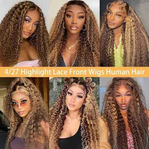 Highlight Ombre Lace Front Wigs Human Hair Honey Blonde Deep Wave 13x6 HD Transparent Lace Frontal Wigs Human Hair P4/27 Colored Curly Wig for Women 180% Density Glueless Pre Plucked 24 Inch Wig