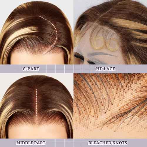 Ombre Lace Front Wig Human Hair 200% Density Honey Blonde Wigs 13x6 Lace Front Straight Wigs Human Hair 4/27 Blonde Highlighted Wig for Women 24 Inch