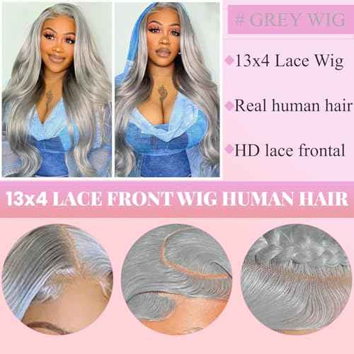 Grey Lace Front Wig 13x6 Silver Grey Wig Human Hair Pre Plucked Straight Lace Front Wigs Human Hair 24 Inch Glueless HD Lace Wig Colored