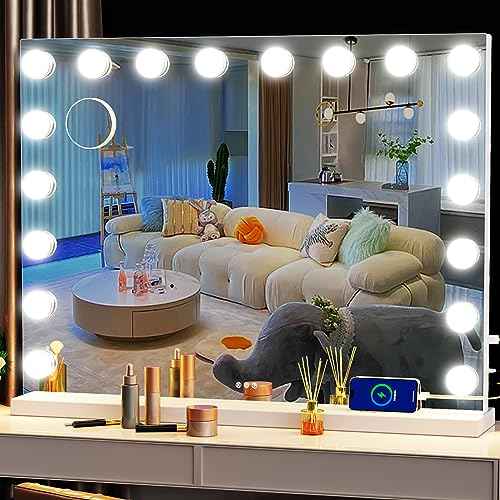 Vanity Mirror with Lights, 32 x 24 Tabletop Hollyhood Makeup Mirror, Hollywood Lighted Mirror with 18 Dimmable LED Bulbs,3 Colors Modes,Touch Control,Metal Frame,