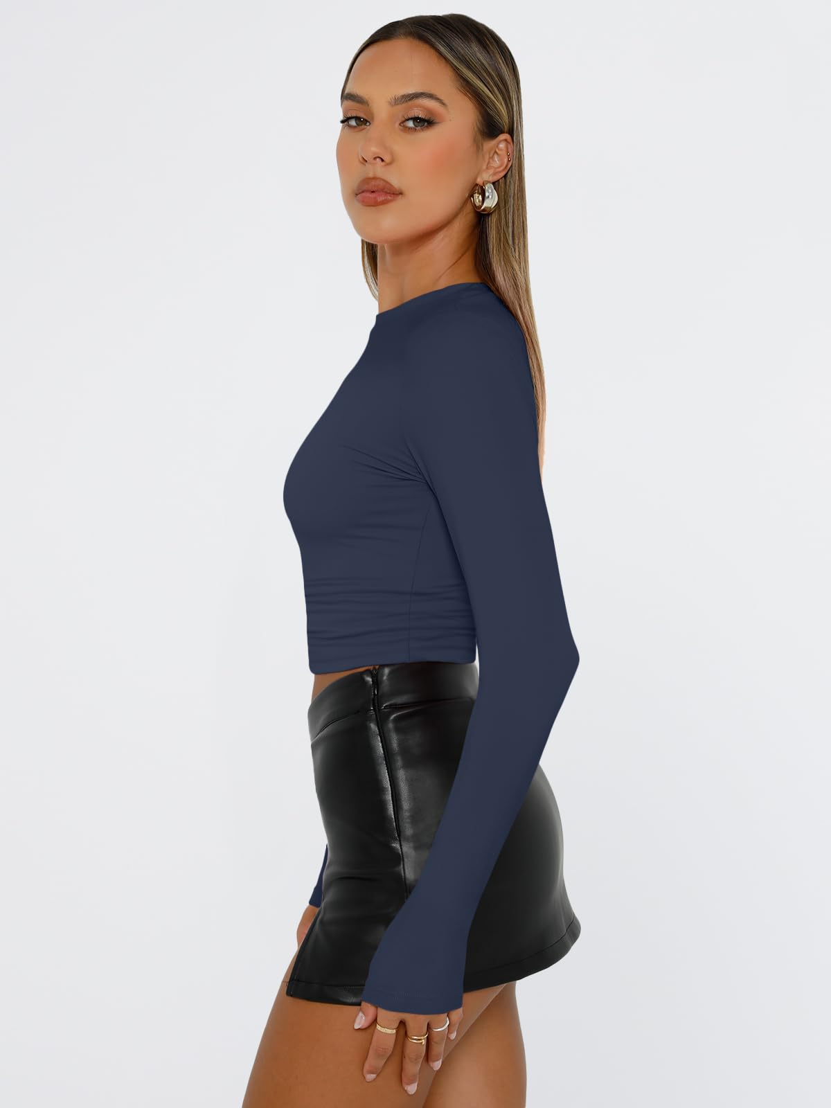 Trendy Queen Womens Long Sleeve T Shirts Fall Fashion 2026 Basic Crop Tops Going Out Workout Outfits Y2k Clothes Navy S
