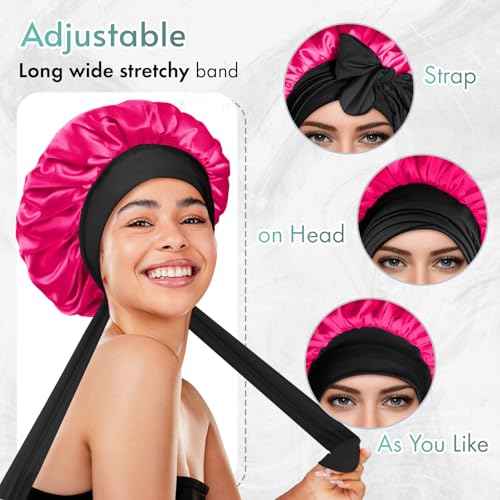 BONNET QUEEN Silk Bonnet for Sleeping Satin Bonnet with Tie Hair Wrap Double Layer Sleep Cap for Women Curly Hair, Black Hot Pink