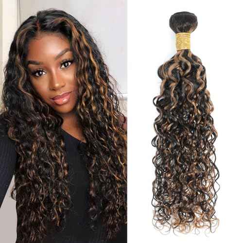 Water Wave Curly 1b/30 Human Hair Bundles 22 Inch - Brown Highlight and Black Balayage Bundles Wet and Wavy Sew In Weave, 12A Glossy 100% Unprocessed Brazilian Raw Virgin Hair, P1b/30 Color, Single