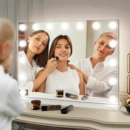 FENNIO Hollywood Vanity Mirror with Lights 23x18,Large Lighted Mirror Makeup Mirror with 15 Dimmable LED Bulbs, 3-Color Lighting