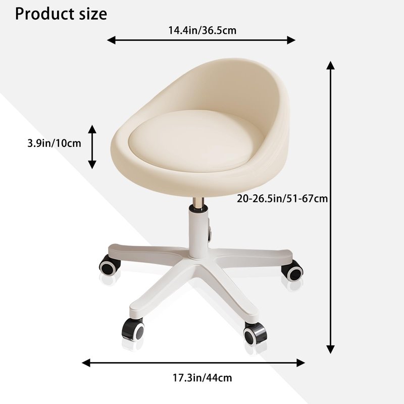 Rolling Stool – Ergonomic Swivel Seat, Adjustable Height, Ultra-Quiet Wheels, Padded PU Leather Cushion, for Salon, Office, Massage & Medical Use Beige
