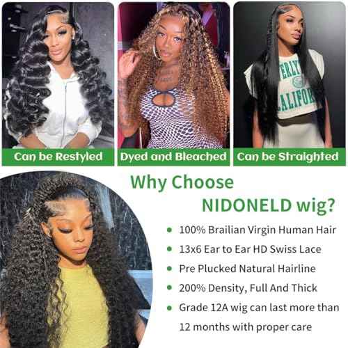24 Inch 200 Density Deep Wave Lace Front Wigs Human Hair 13x6 HD Lace Front Wigs Human Hair Pre Plucked Brazilian Virgin Curly Human Wig Wet and Wavy Lace Frontal Wigs Natura Black Deep Wave Wig