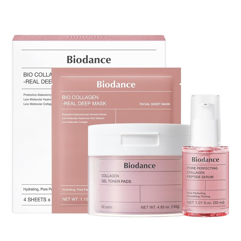 Collagen Pink Glow Trio - Deep Mask, Toner Pads & Peptide Serum for Hydrated, Firm Skin | Korean Skin Care Set