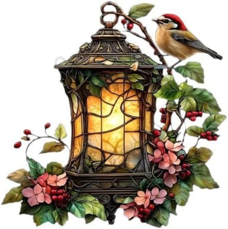Acrylic Lantern with Bird & Flowers | 7.08-Inch Stained Glass Style Window Decor & Rainbow Maker
