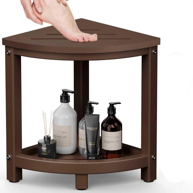 Shower Stool - Waterproof Corner Bench Seat with Baffle Storage Shelf | Indoor/Outdoor Use, Brown