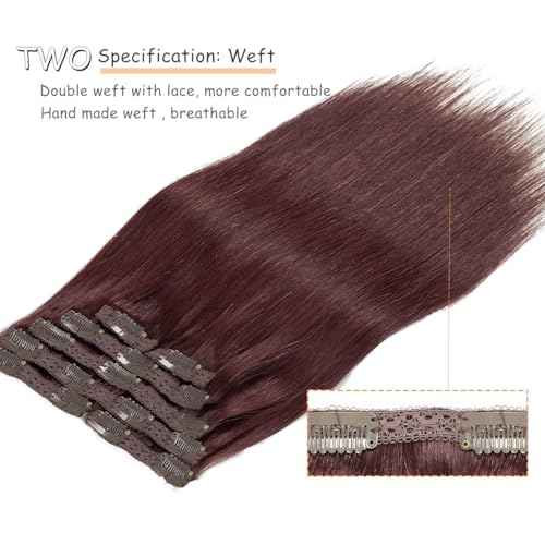 Caliee Hair Extenisons Clip in Human Hair Double Lace Weft Color Wine Red 7 Pcs 120 G Silky Straight Thick Remy Seamless Hair Extensions Clip in Human Hair 18 Inch