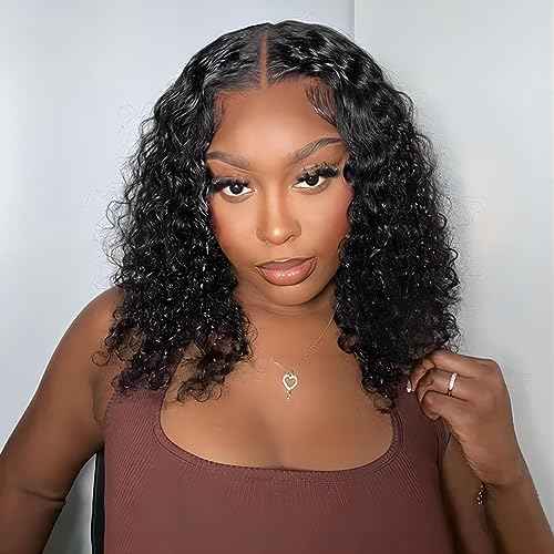 ISEE Wear and Go Glueless Wigs Bob Wigs Human Hair Pre Plucked Water Wave Lace Front Wigs Human Hair Upgraded No Glue Transparent Lace Closure Wigs Human Hair for Women Natural Black 10 Inch