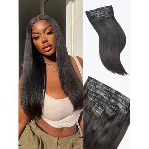 LUVME Yaki Straight Seamless 110g 7Pcs Clip in Hair Extensions Full Max with 16inch Remy Human Hair Extensions, Natural Black 100% Real Soft Hair