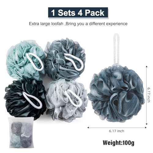 Loofah Sponge XXL-100g 4 Pack, Bath Sponge Soft Mesh Shower Puff Loofah for Men, Exfoliating Body Scrubber for Women, Shower Accessories (Blue Gray)