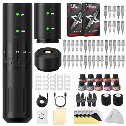 Tattoo Kit Tattoo Gun kit,Complete Tattoo Machine Kit,Xnet E1 Adjustable Stroke Tattoo Pen with Dual Batteries 2000mAh Power Supply,40pcs X-ray Cartridge Needles Set for Beginners