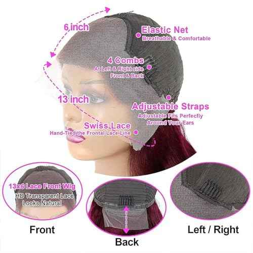24inch 99j Burgundy Lace Front Wigs Human Hair 13x6 HD Straight Glueless Lace Frontal Wigs for Women 180% Density Pre Plucked with Baby Hair Wine Red Wigs Human Hair