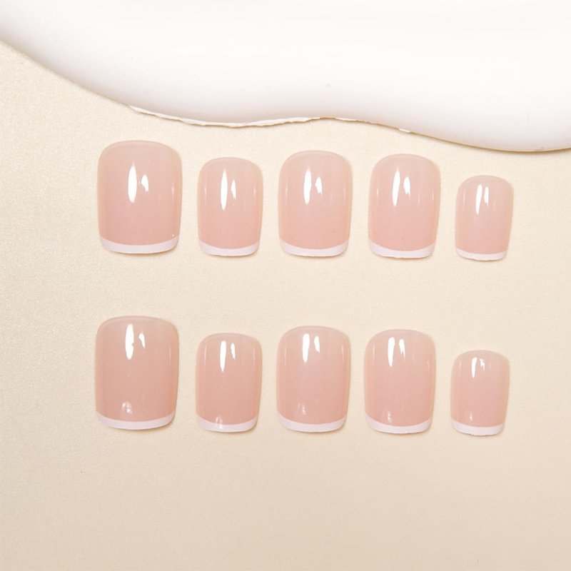 24Pcs Short Square French Tip Press on Nails Glossy Pink Fake Nails White Tips Full Cover Glue on Nails Reusable Acrylic False Nails for Women Salon Quality DIY Nail Art for Everyday Wedding Party