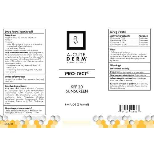 A-Cute Derm Pro-Tect SPF 20 Sunscreen Moisturize the Skin Protects Against Harmful Effects of UVA & UVB Rays Prevent Premature Aging and Wrinkling of the Skin (8.0 oz)