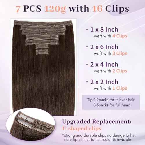 Clip in Extensions Real Human Hair Dark Brown Remy Lace Weft 16 Inch 7PCS 120g for Women