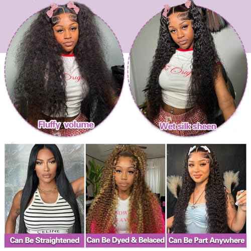 Deep Wave Lace Front Wig Human Hair 13x4 HD Lace Front Deep Wave Wig For Women Frontal Brazilian Human Hair Pre Plucked Curly Wet and Wavy 180 Density Bleached,Average Cap,Tangle Free 24 Inch