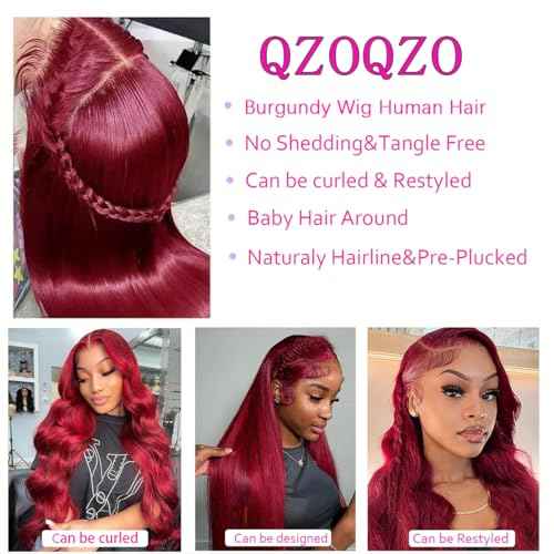 99J Burgundy Lace Front Wigs Human Hair 13x6 HD Transparent Body Wave Lace Front Wigs Pre Plucked 99j Burgundy Red Wine Glueless Human Hair Wigs for Women Reddish Brown 180% Density 30 Inch