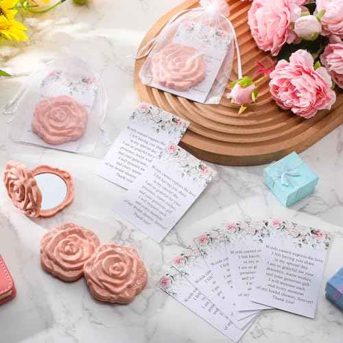30 Sets Bridal Shower Party Favors for Guests Small Rose Compact Mirror Bulk Wedding Favors Thank You Cards and Organza Bags Wedding Party Guests Souvenir Gift (Pink Champagne)