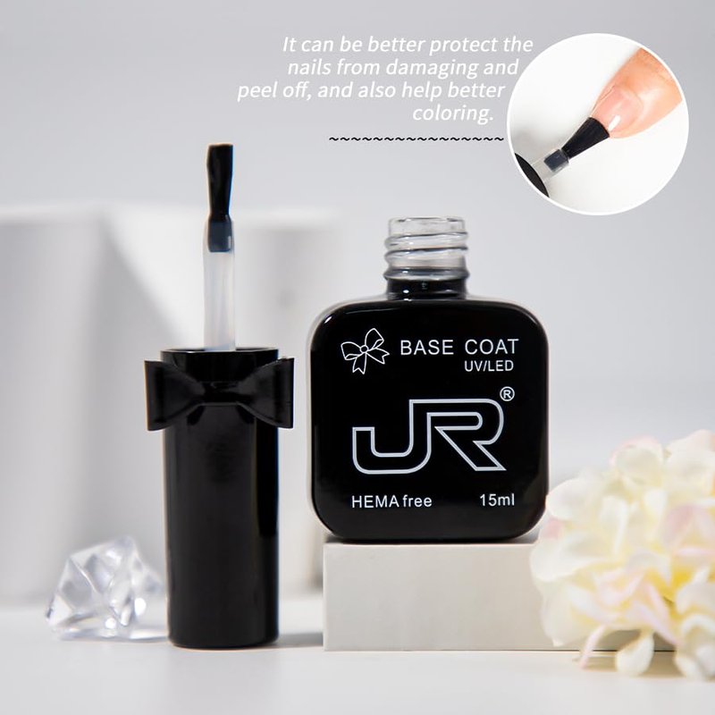 JR No Wipe Gel Top & Base Coat Set - 15ML Long Lasting Formula for High Gloss Nail Art