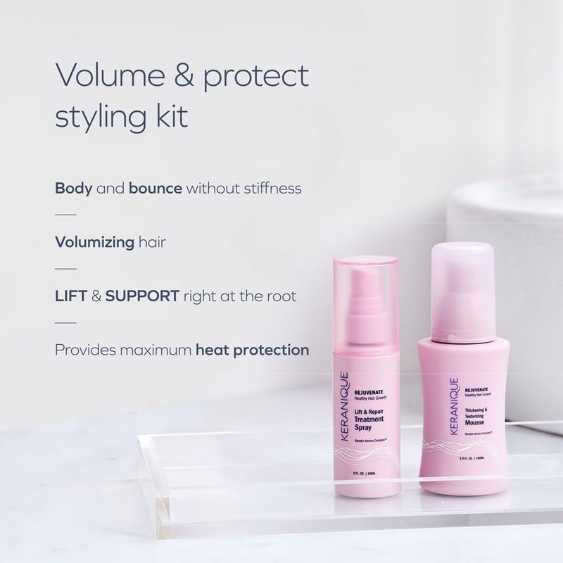 Keranique Volume & Protect Styling Kit - Volumizing Hair Mousse & Heat Protectant Spray for Fine Hair | 2 oz & 3.4 oz