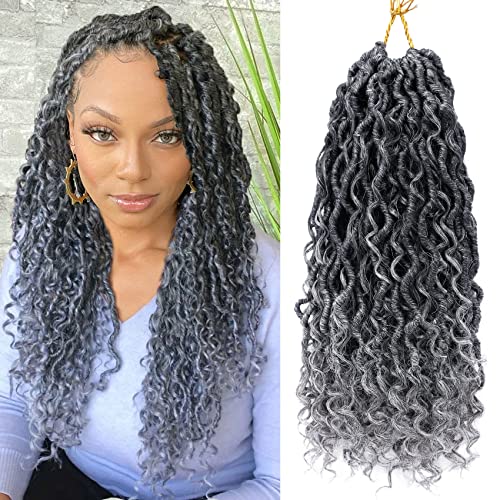 LIYATE Goddess Locs Crochet Hair 14 Inch 6 Packs Faux Locs Crochet Hair for Black Women Pre Looped Soft River Locs Crochet Braids with Curly Hair Bohemian Hippie Locs Hair Extensions(T1B/Gray)