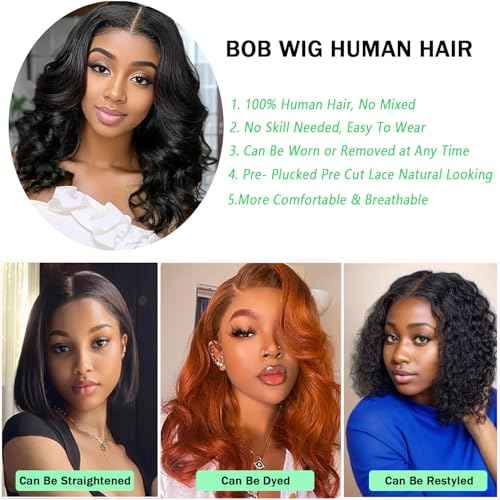 16 Inch Bob Wig Human Hair 13x6 Body Wave Lace Front Wigs Human Hair Pre Plucked 200 Density HD Lace Frontal Wigs for Women Glueless Wigs Natural Black