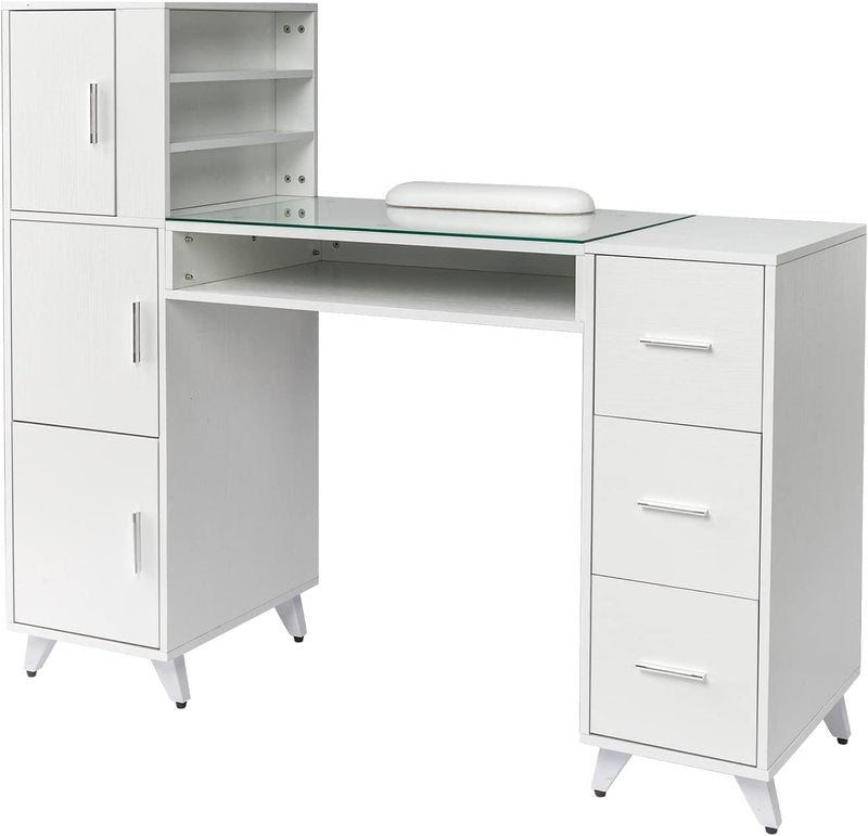 OmySalon Manicure Table Nail Desk for Nail Tech w/Glass Top & Wrist Rest, Beauty Salon Nail Supplies Decor Workstation Acetone Resistant w/3 Side Cabinet+3 Drawers+3 Layers Open Cabinet+1 Open Drawer