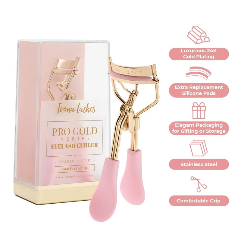 Icona Lashes Eyelash Curler - 24K Gold-Plated Stainless Steel Precision Eye Lash Curler for Lush, Luxurious Lashes - Silicone Eyelash Curler Pads, Ergonomic Cushioned Handles - With Replacement Pads