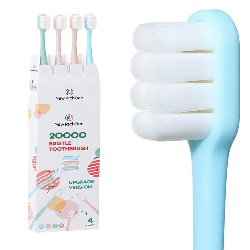 newrichbee [Upgrade Version] 4 Pack Micro Nano Extra Soft Toothbrush with Cover,20000 Soft Bristle Toothbrush for Sensitive Teeth or Gum,Especially for Pregnant or Elderly.