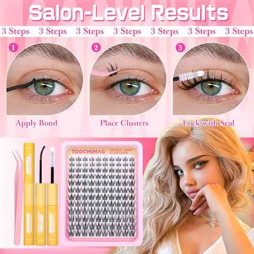 Manga Lash Clusters Kit 8-14mm Natural Eyelash Clusters DIY Lash Extension Kit Anime Lashes Clusters Thin Band Individual Cluster Eyelash Extensions with Lash Glue&Tweezers by TOOCHUNAG