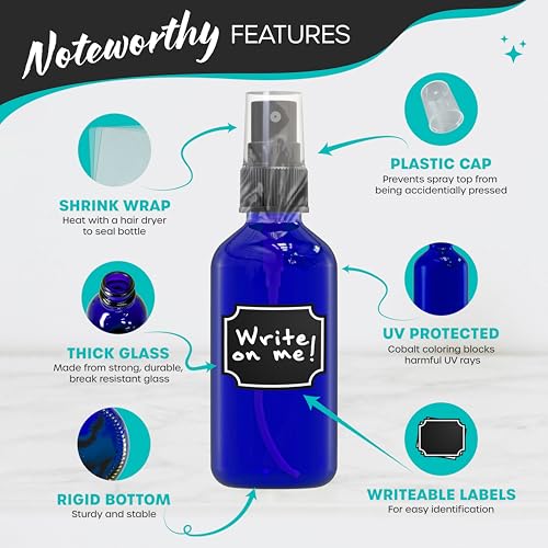 Nevlers Cobalt Blue 2 Oz Glass Spray Bottles 48 Pack | Small Spray Bottle for Hair Set w/Shrink Wrap, Funnel, Brush, Labels & Marker | UV Protected Atomizer Sprayer Glass Travel Containers for Liquids
