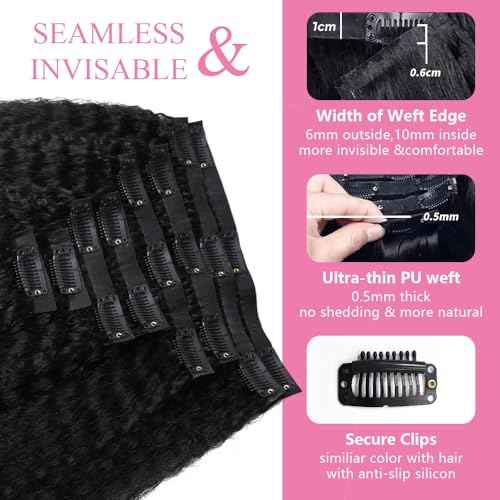 Seamless Clip In Hair Extensions Human Hair Invisible Pu Skin Weft Kinky Straight Seamless Clip Ins For Black Women Real Human Hair Extensions 8pcs With 18clips Per Set 120g (16inch,Natural Black)