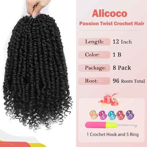 Alicoco Passion Twist Crochet Hair 12 Inch Passion Twist Hair Pre Looped 8 Packs Spring Twist Crochet Braids with Curly Ends Pre-Twisted Crochet Hair for Women (1B)