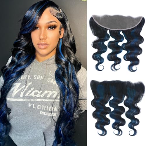ALHER #1B/BlueBody Wave 13x4 Lace Frontal Human Hair, Black Mix Blue HD Transparent Lace Frontal Closure Ear to Ear 100% Virgin Remy Human Hair for Black Women 150% Density 16 Inch
