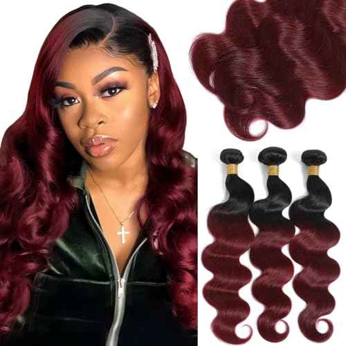 Kapelli Hair Ombre Human Hair Bundles Body Wave (14 16 18) 100% Unprocessed Brazilian Virgin Remy Hair Body Wave Bundles 2 Tone Black to Burgundy Human Hair Weave for Women