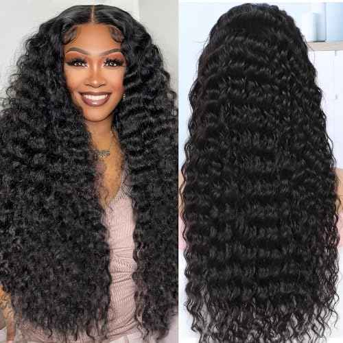 13x6 Deep Wave Lace Front Wigs Human Hair True 200 Density Pre Plucked Deep Wave Wig Human Hair 12A Glueless Wet and Wave Curly Lace Frontal Wigs For Women (Black, 22 Inch)