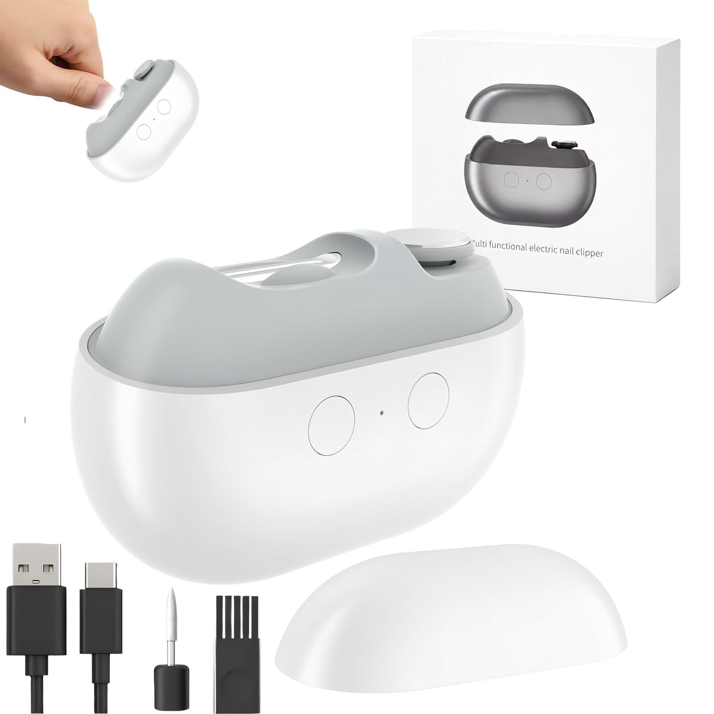 Whriou 3 in 1 Electric Nail Clipper for Seniors, Rechargeable Automatic Trimmer with LED Light and File, Quiet Portable Grooming Tool for Fingernails and Toenails, White