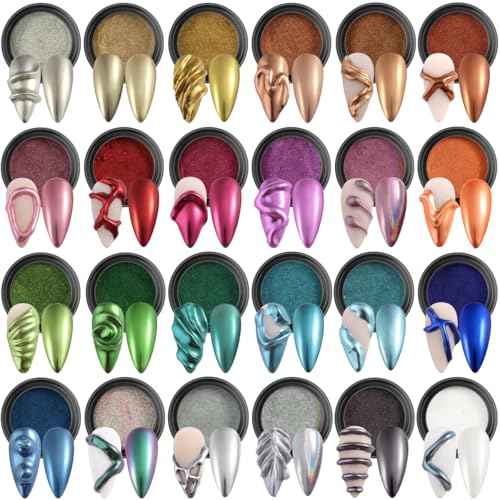 24 Colors Chrome Nail Powder Set Metallic Mirror Effect Gold Silver Pink Chrome Nail Powder White Pearl Iridescent Multi Chrome Powder for Nails Chameleon Rubbing Pigment Manicure Supplies