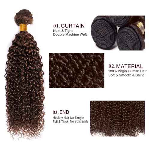 Brown Kinky Curly Bundles Human Hair Chocolate Brown Bundle Niegmeag Brazilian Virgin Remy Hair 3 Bundles 16 18 20 Inch Double Weft Soft and Silky Color 4 Kinky Curly Bundle Hair Weave