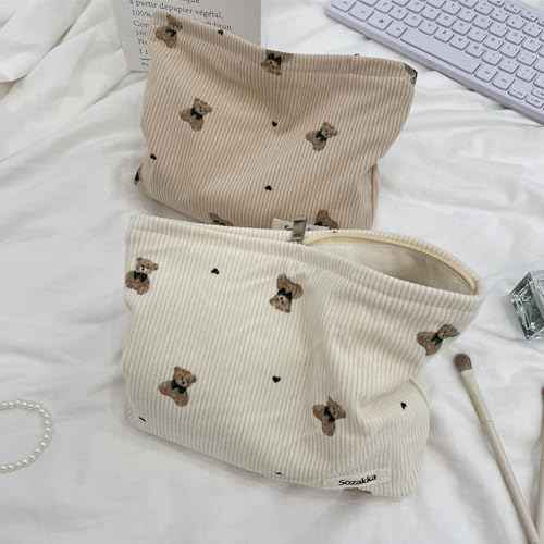 Cute Small Soft Corduroy Zipper Makeup Bag for Purse, Coquette Aesthetic Pouch with Bear Pattern for Women Girls, Kawaii Travel Cosmetic Bags£¨03Beige£©
