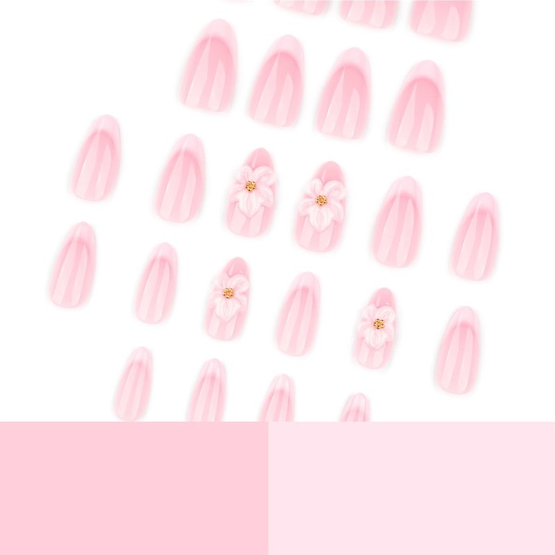 French Tip Press On Nails Almond Shape, Nude Pink with 3D Flower Design, Glossy Medium Fake Nails, Elegant Acrylic False Nails for Women Girls, Spring Floral Bridal Wedding Nails Reusable