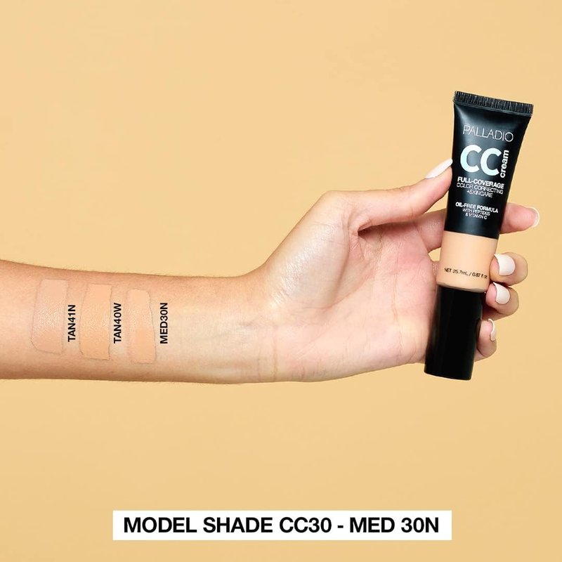 Palladio Full-Coverage CC Cream - Oil-Free Color Correction with Peptides & Vitamin C | Tan 41N